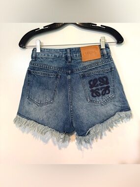 LOEWE Anagram Embroidered Frayed Denim Shorts - Size 25